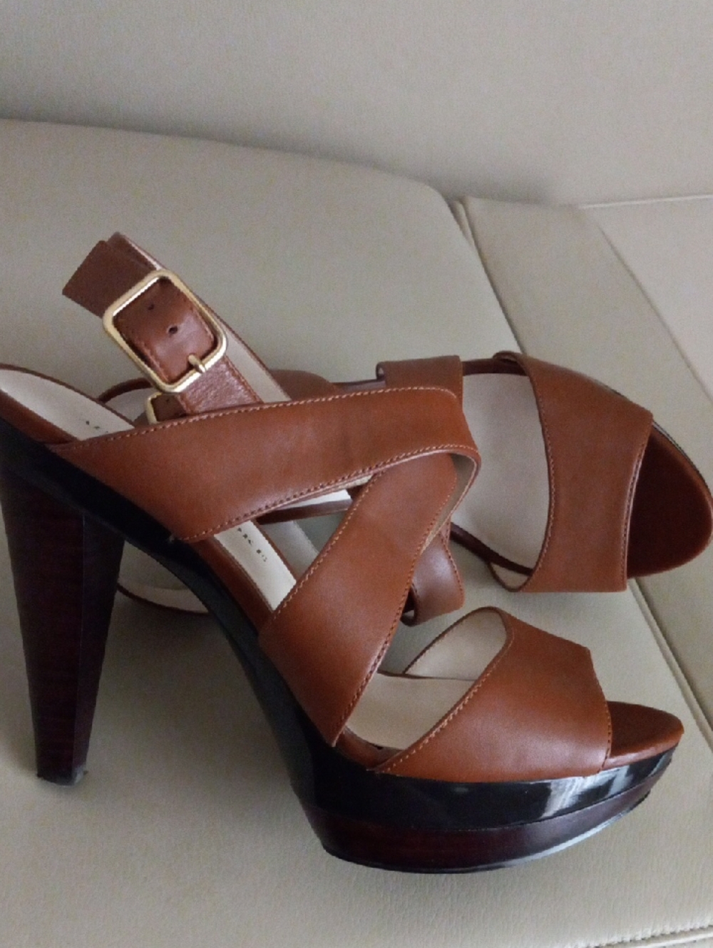 Audrey Brooke Tan Brown Leather Platform Slingback Heels Size: 7M - Picture 4 of 17